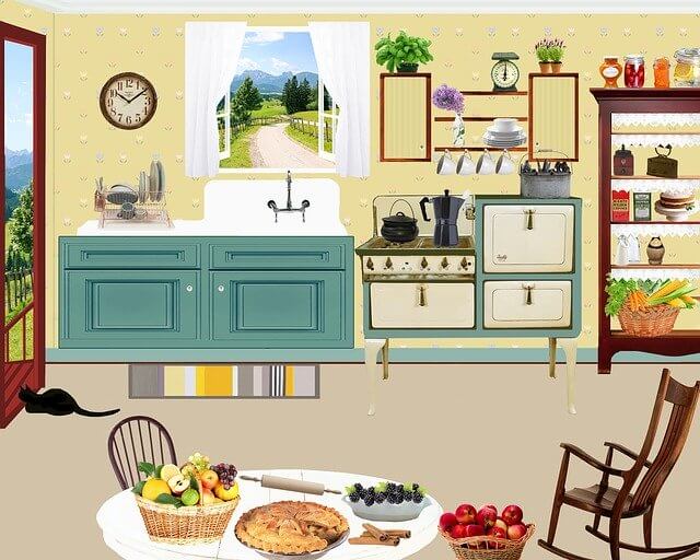 キッチンとテーブル、食事の風家のイラスト
