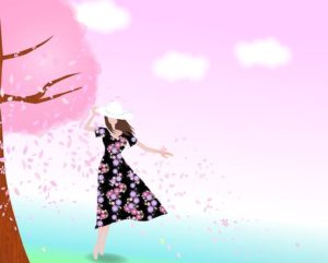 桜のきのそばにいる女性のイラスト